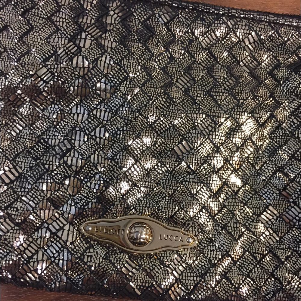 Elliott Lucca clutch & crossbody. Gold leather.
