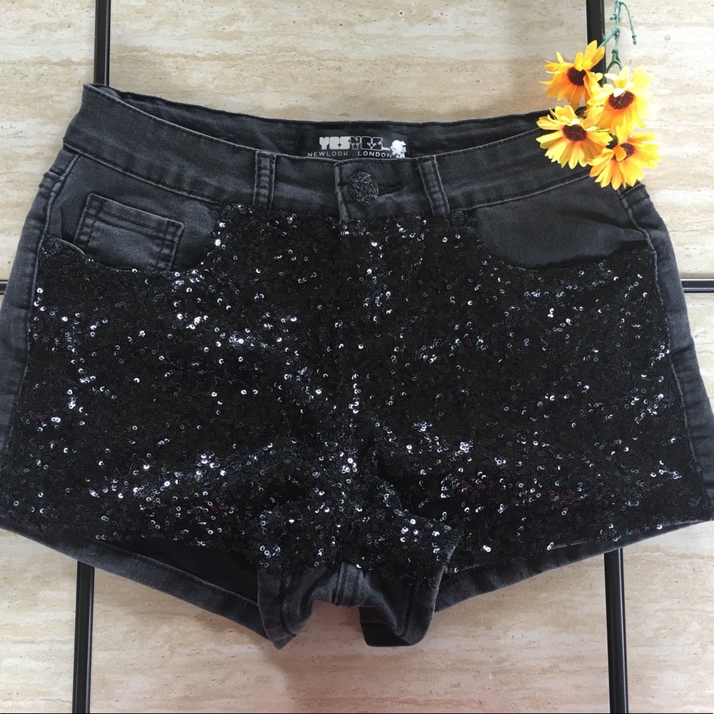 Black sequin denim shorts