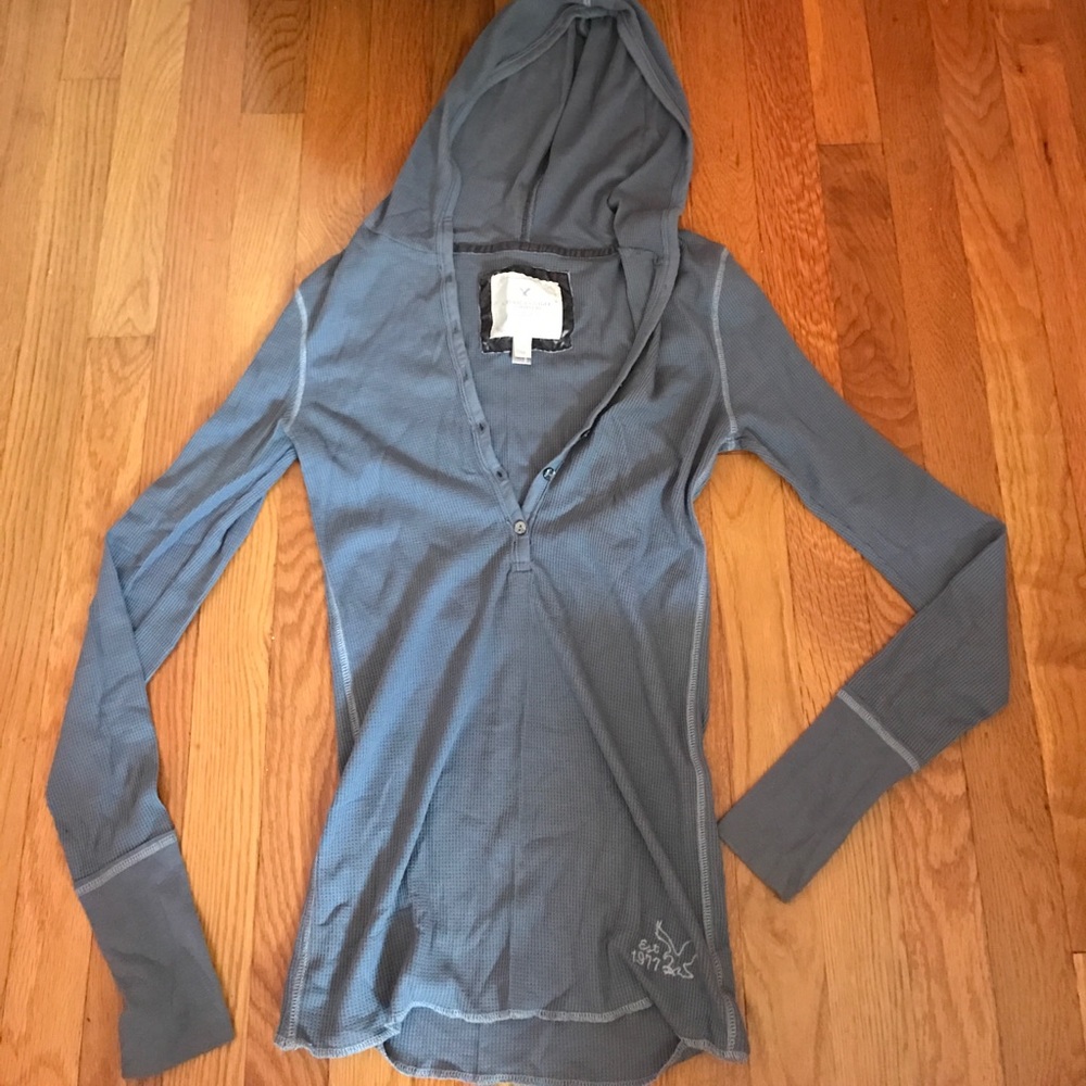 Hooded blue/grey thermal long sleeve top