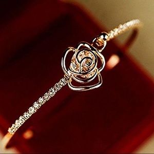 Elegant Women's Crystal Rose Flower Bangle Cuff