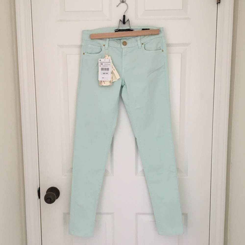 Zara Mint Green Ankle Skinny Jeans with Side Zip