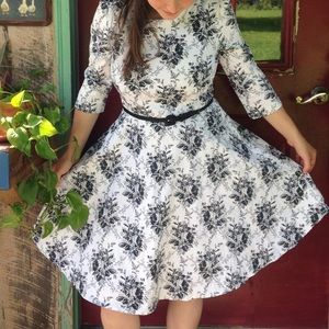 Black and White floral print mid length dress