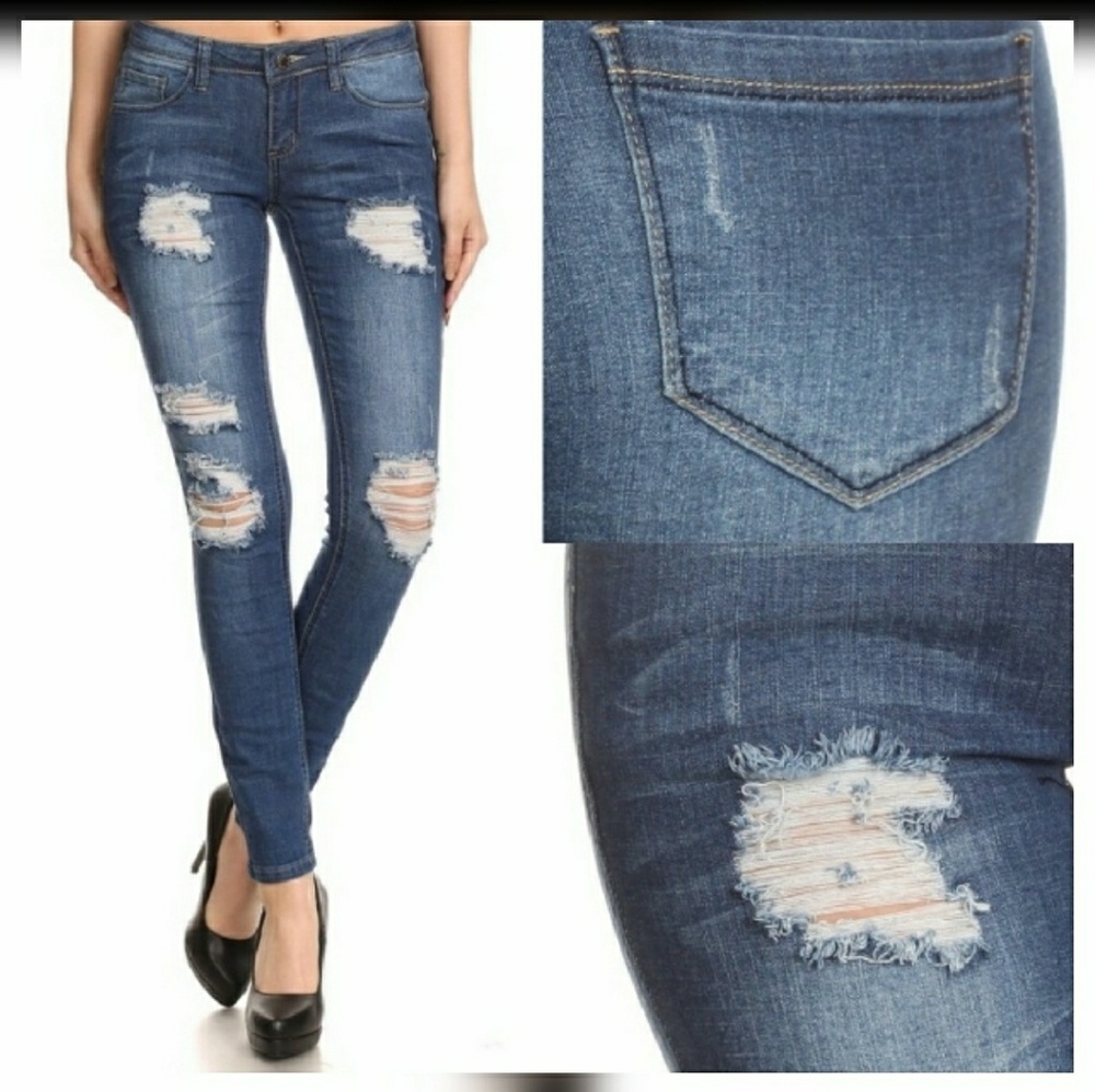Dark Blue Distressed Skinny Pocket Jeans