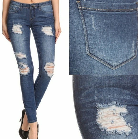 Dark Blue Distressed Skinny Pocket Jeans - Picture 2 of 3