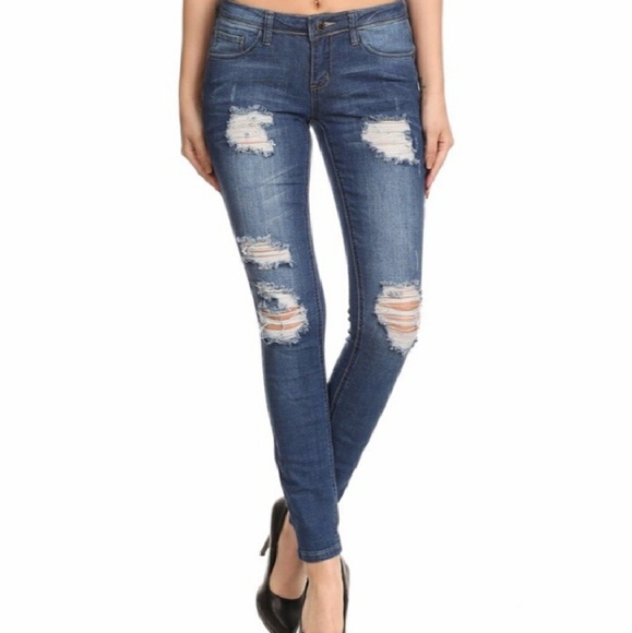 Dark Blue Distressed Skinny Pocket Jeans - Picture 3 of 3