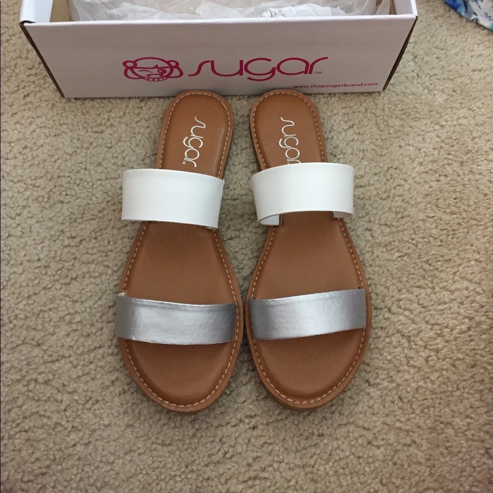 White and silver slip on sandals