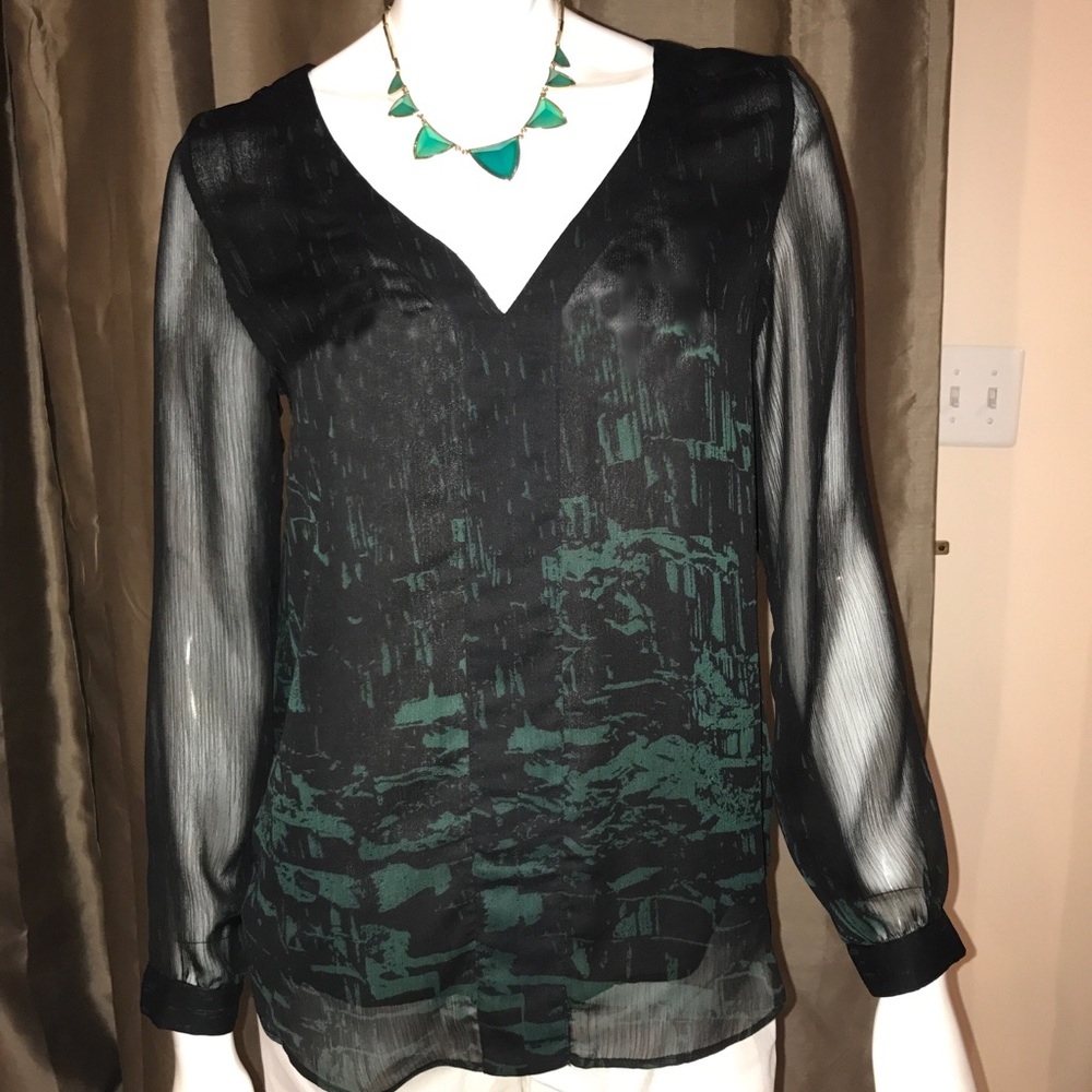 Green and Black Print Sheer Flowy Blouse