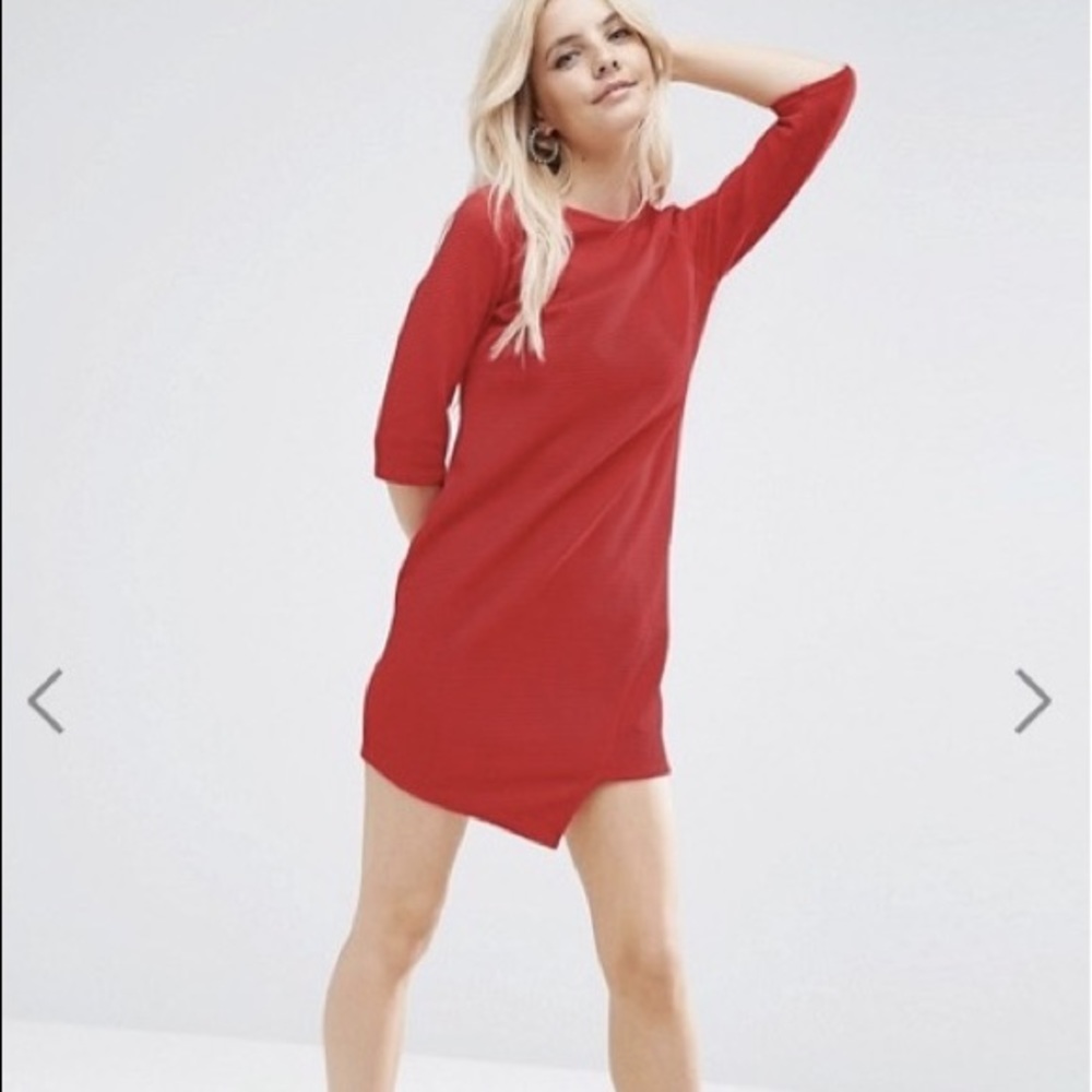 ASOS XS red robbed knit asymmetric hem dress