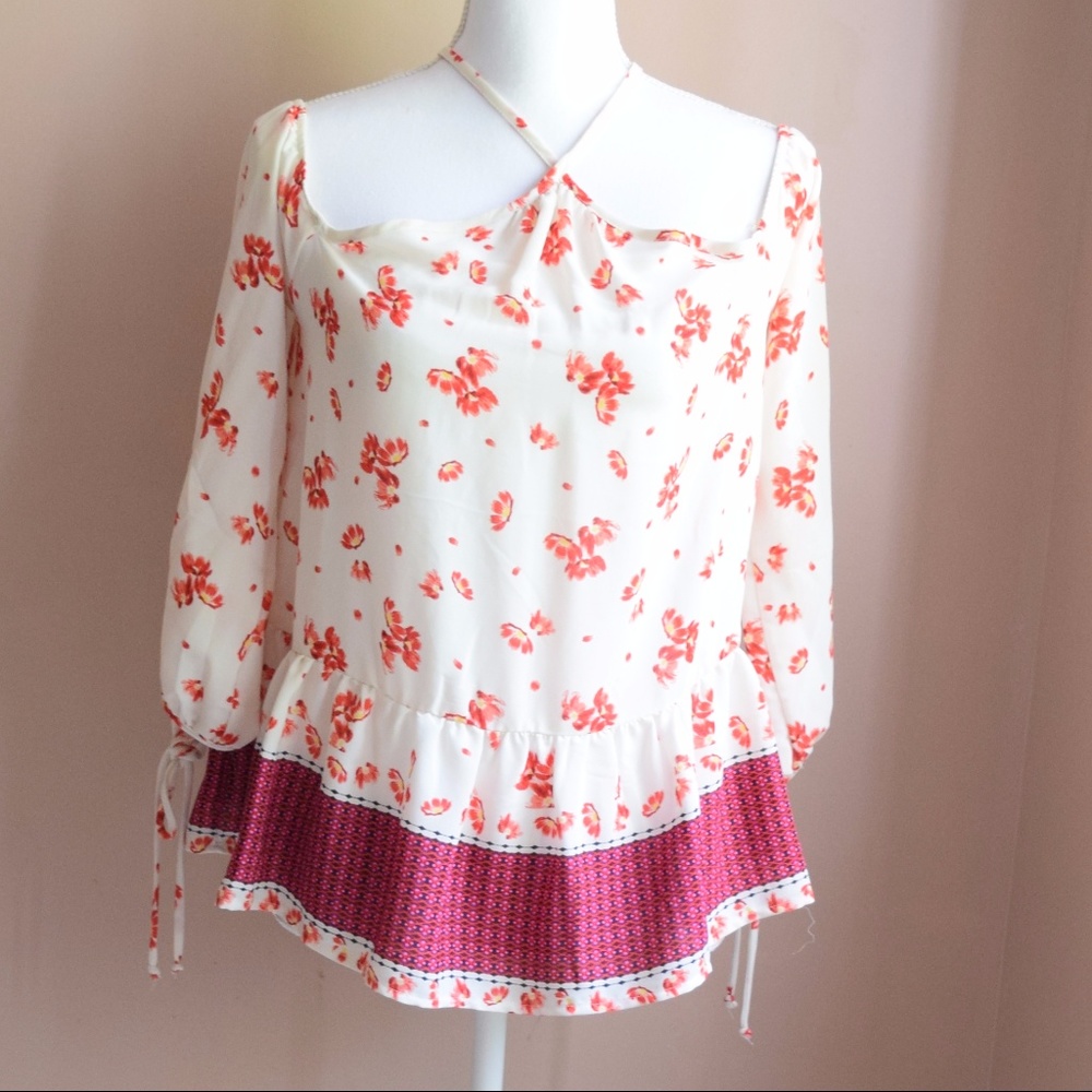 Cold Shoulder Long Sleeve Floral Peplum Blouse