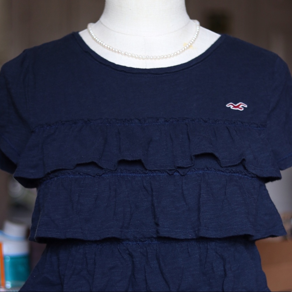 Navy Blue Flounce Ruffle Blouse