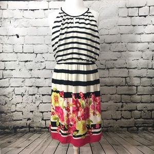 Elle Floral/Striped Dress with Black Ribbon Belt