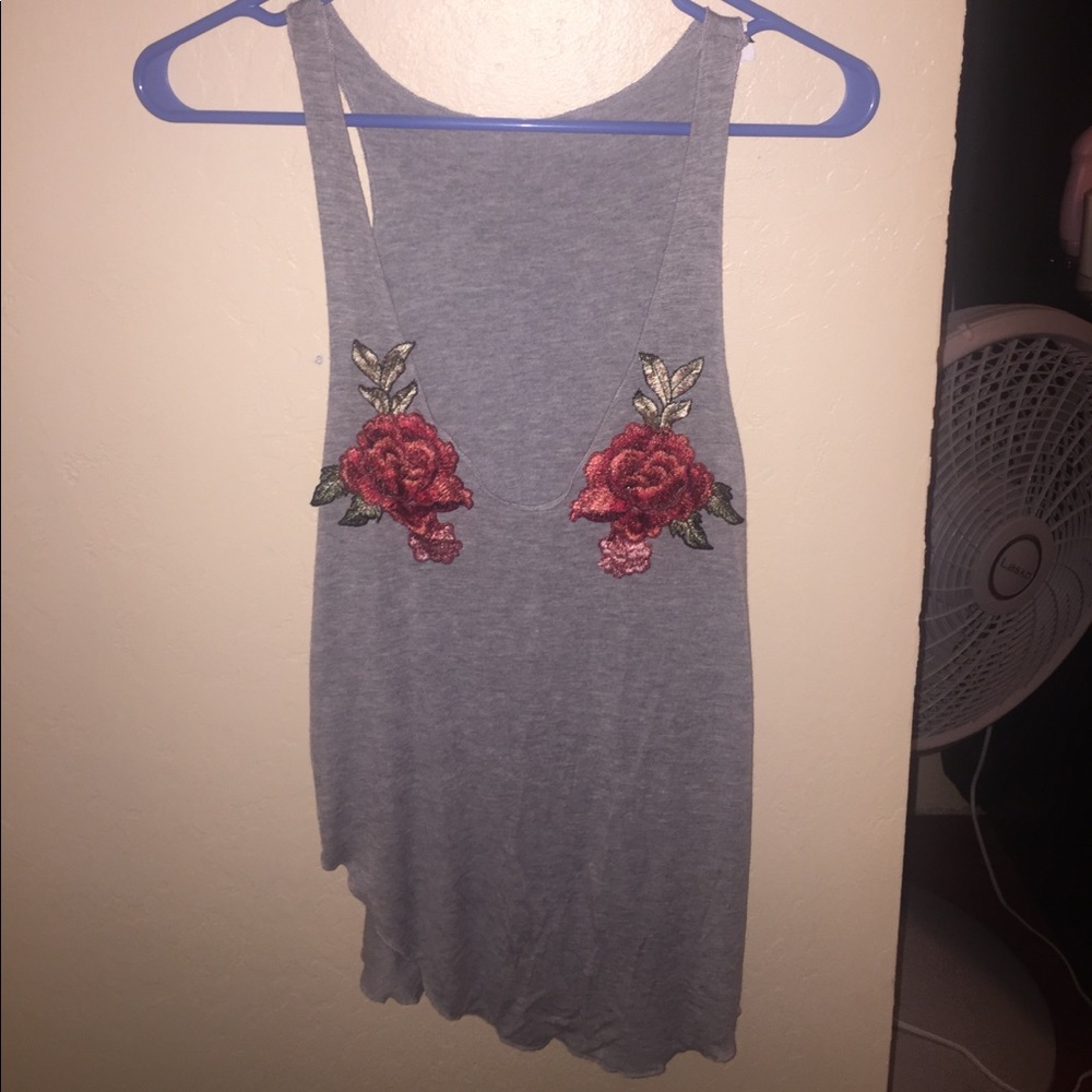 Grey rose embellished tank top