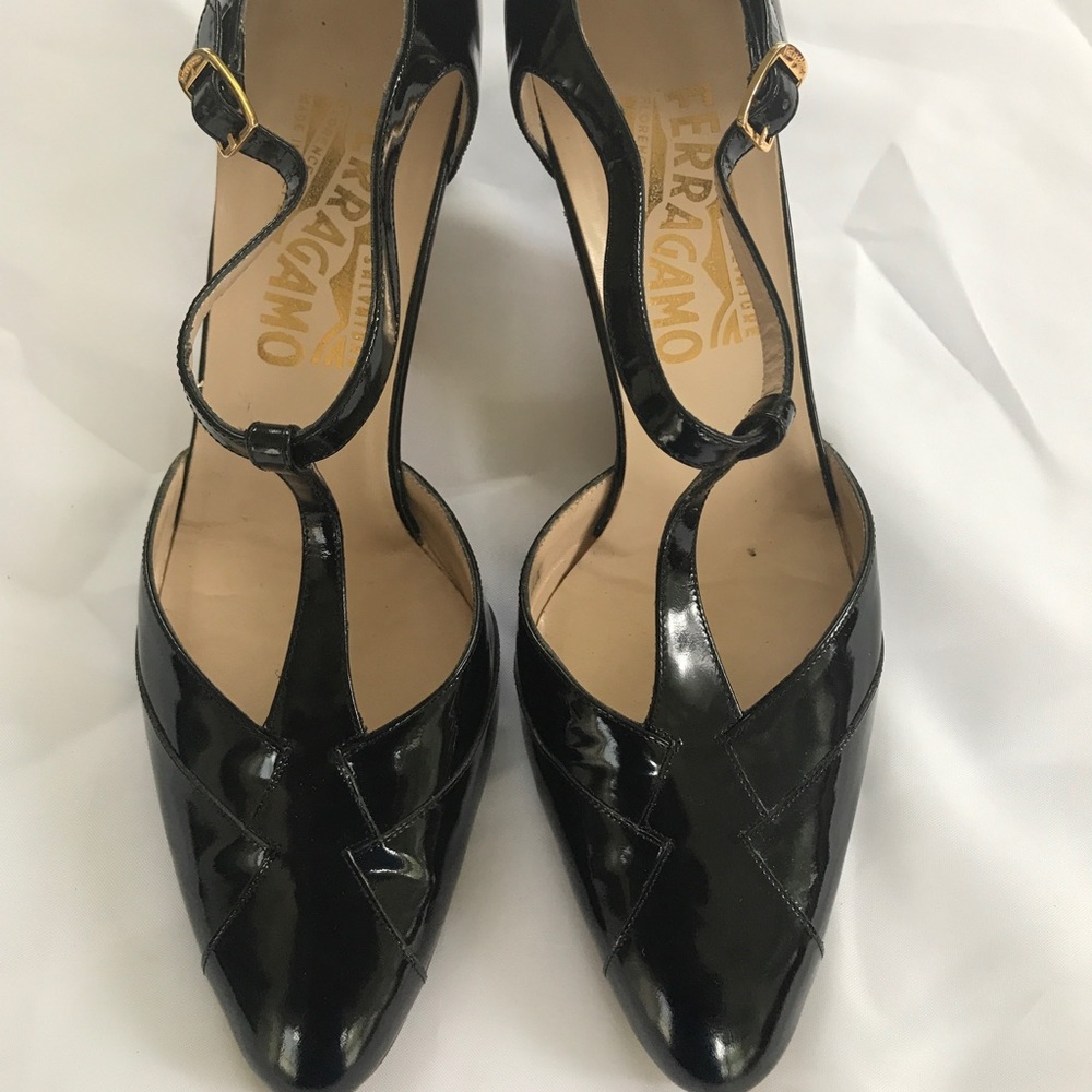 Ferragamo black  patent leather sling back heels
