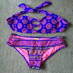 Knot Front cut out purple bandeau bikini set