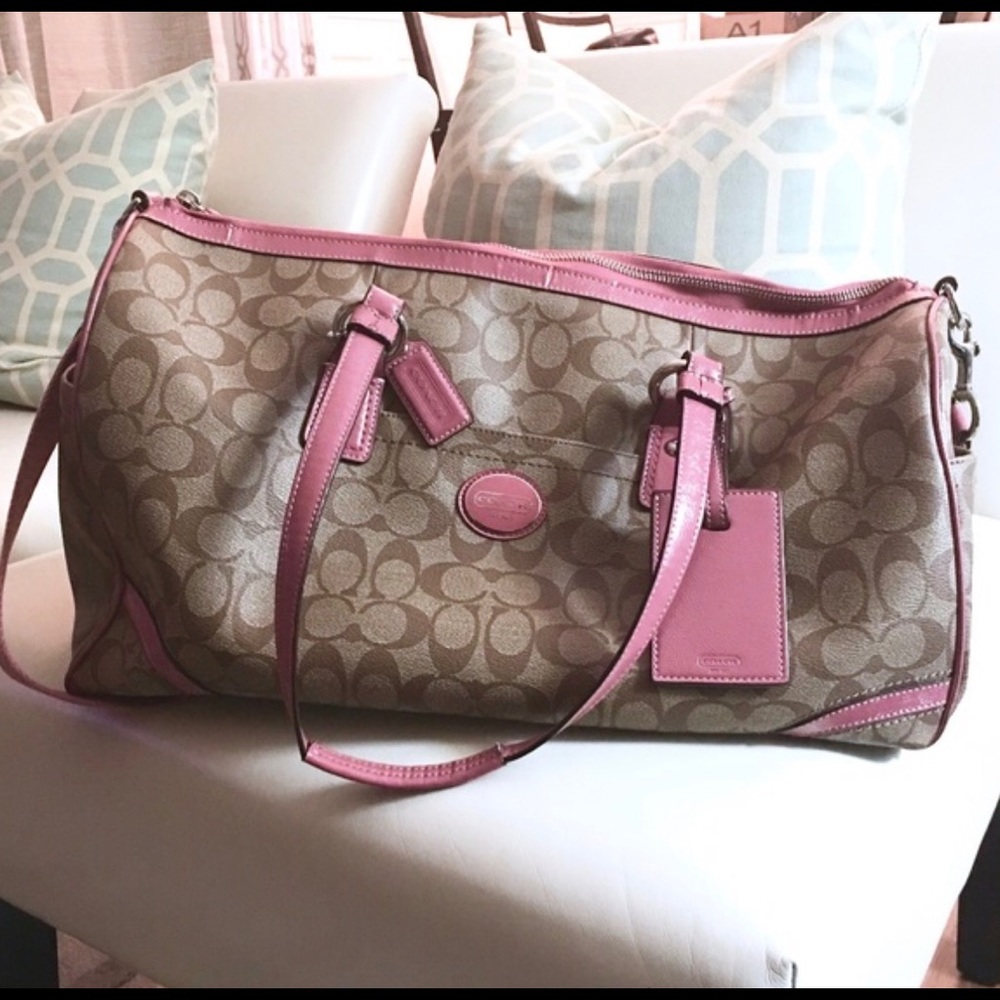 Khaki and Pink Coach Weekender bag