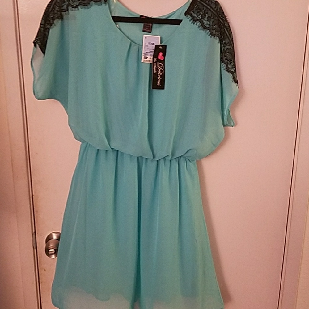 Delirious Teal Dress w/ Black Lace Accent
