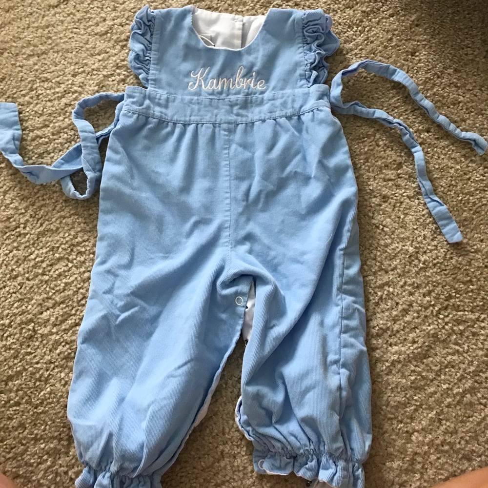 Light blue corduroy monogrammed overalls
