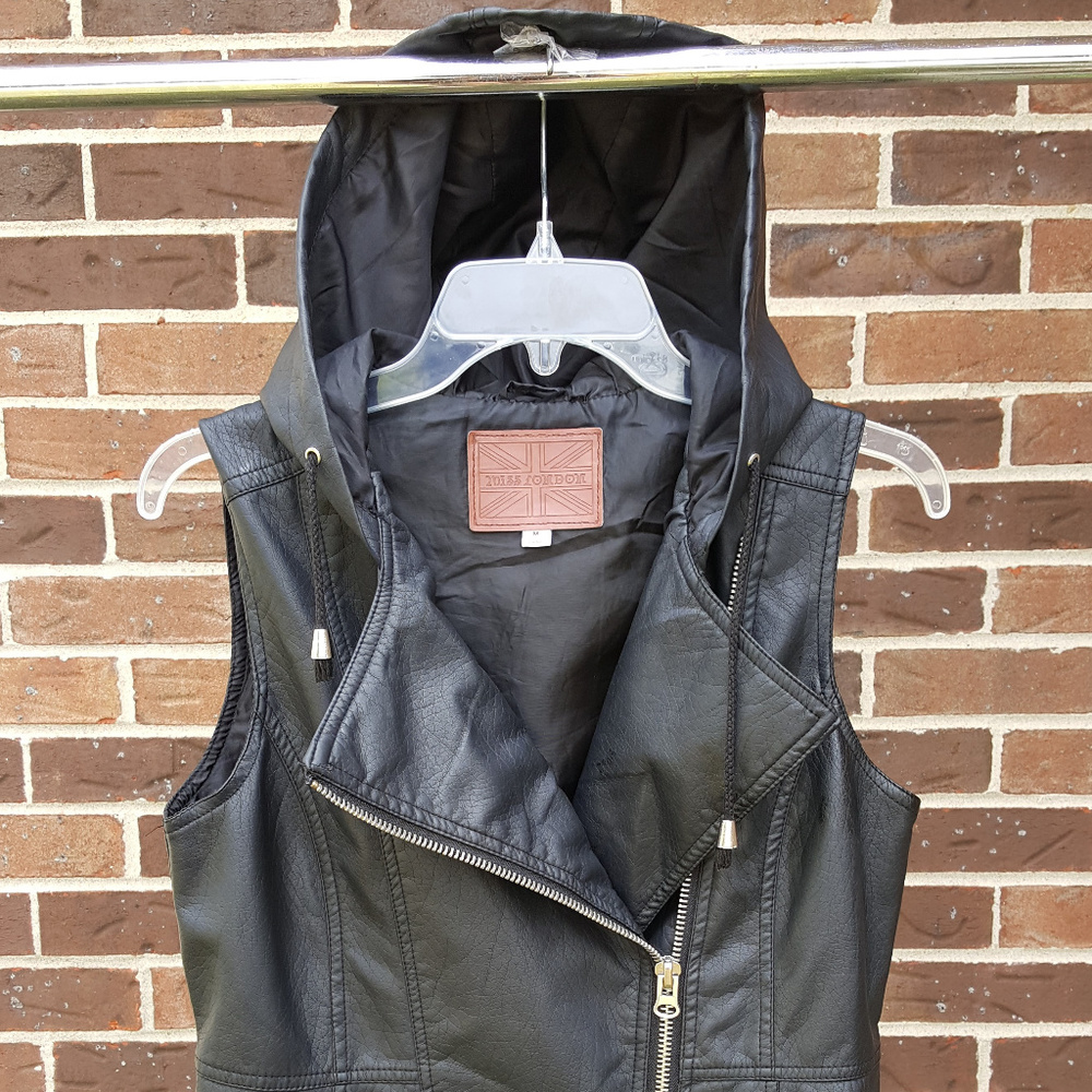Black Vegan Leather Waistcoat with Hood