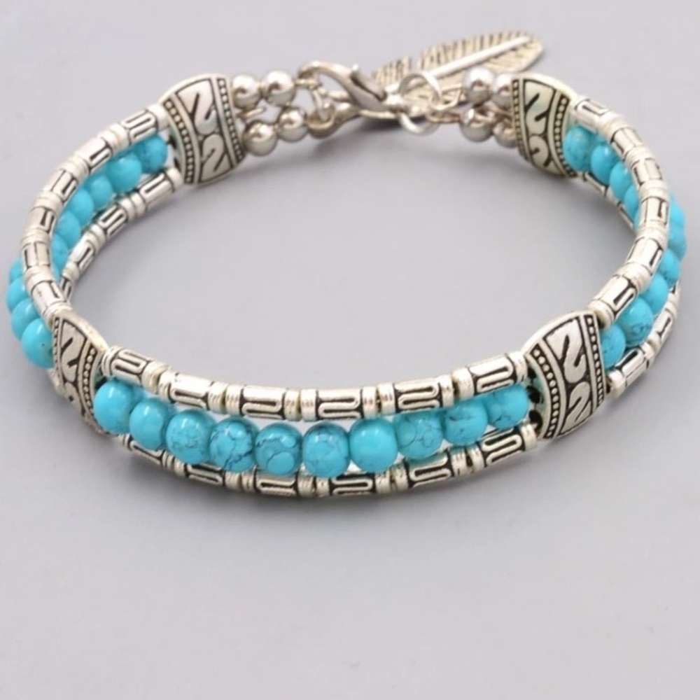 Vintage Style Boho Stone Beads Feather Bracelet