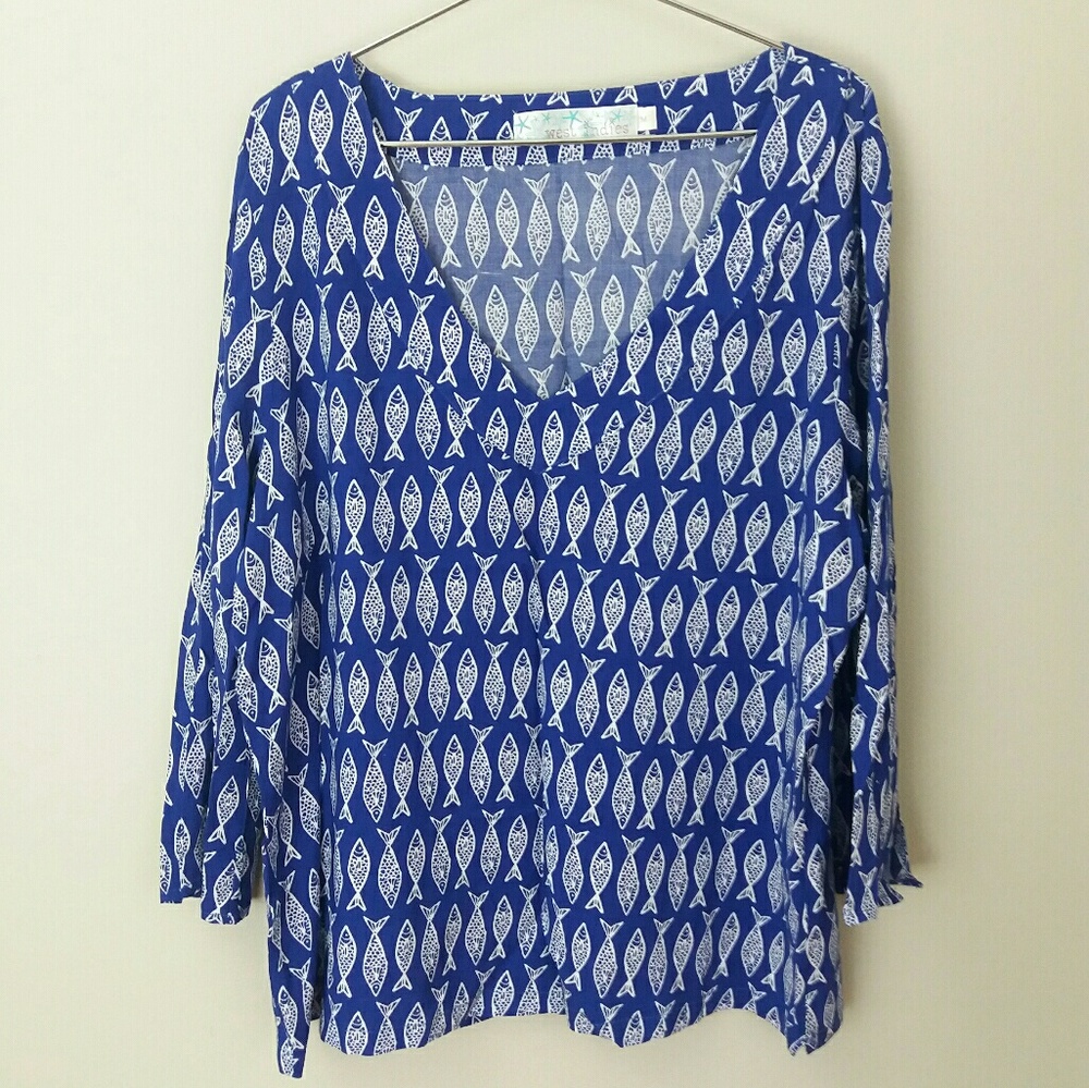 Island Style Fish Pattern Flowy Navy Blue Tunic