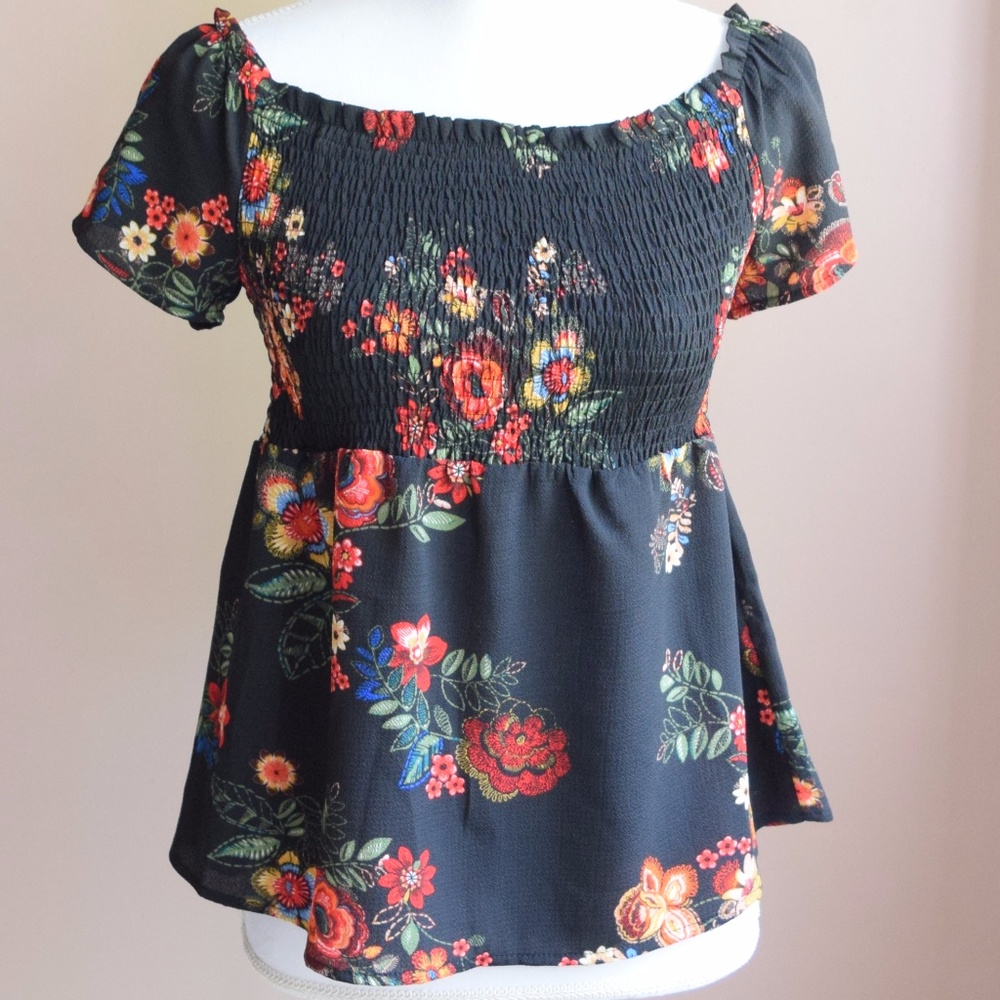 Monteau Black Floral Peplum Ruched Blouse