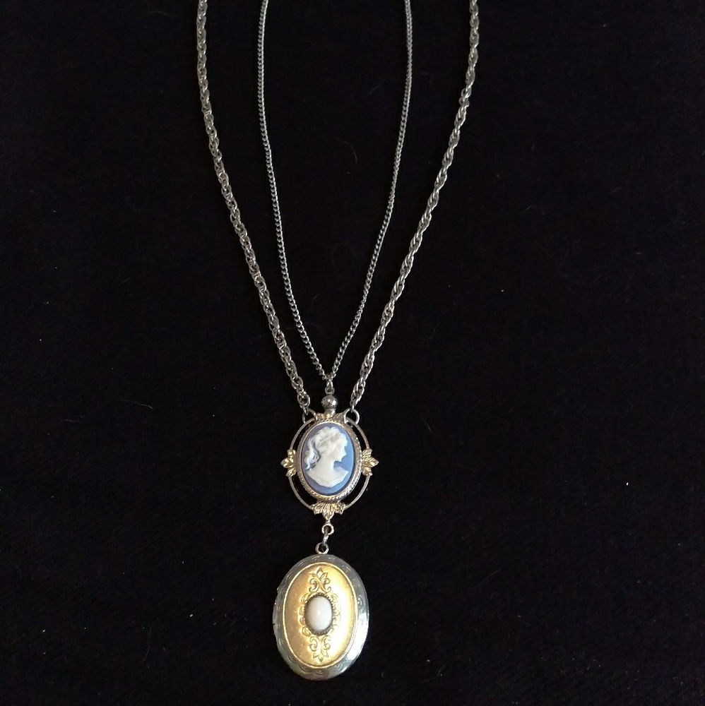 Antique silver cameo locket necklace