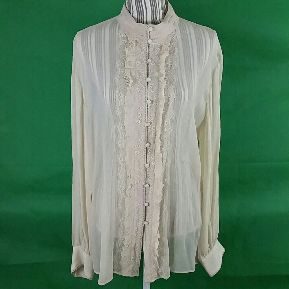 CHICO'S SHEER Ruffled lace SILK Blouse Size 3 (L)