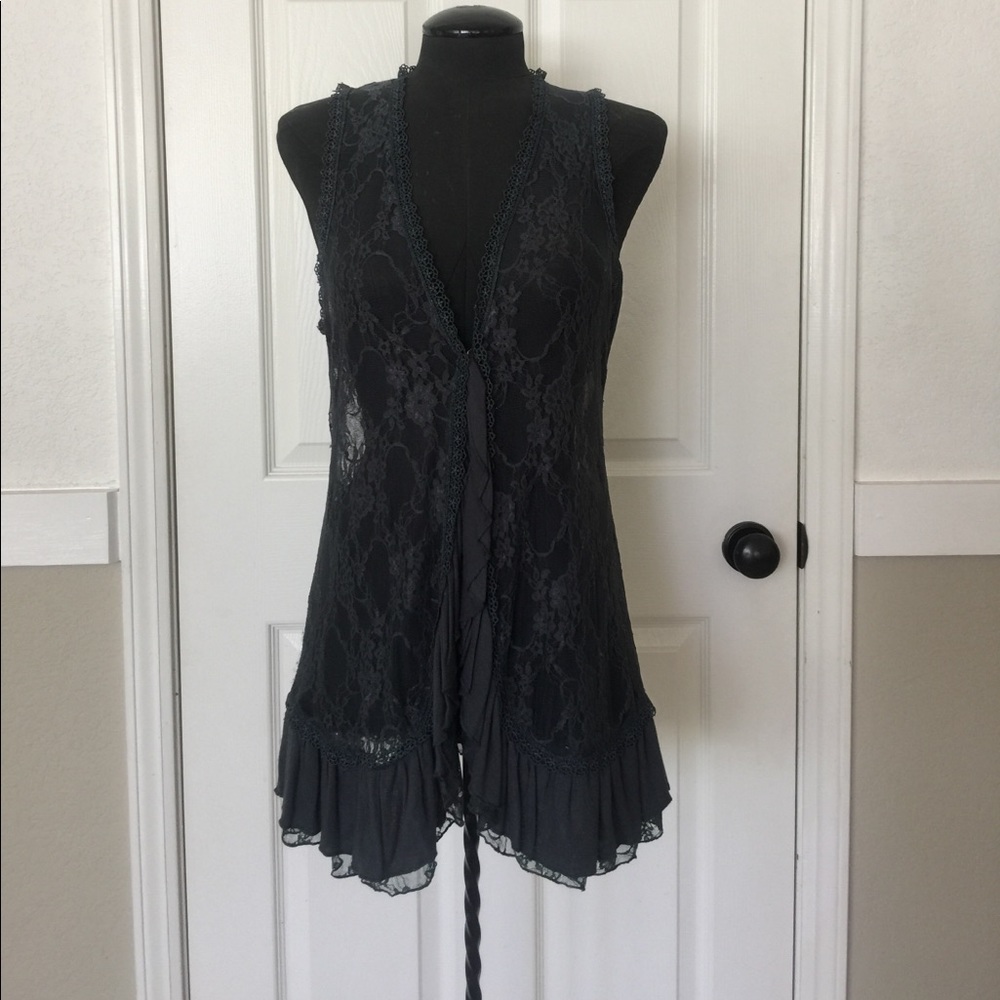 Grey lace Vest with ruffle trim