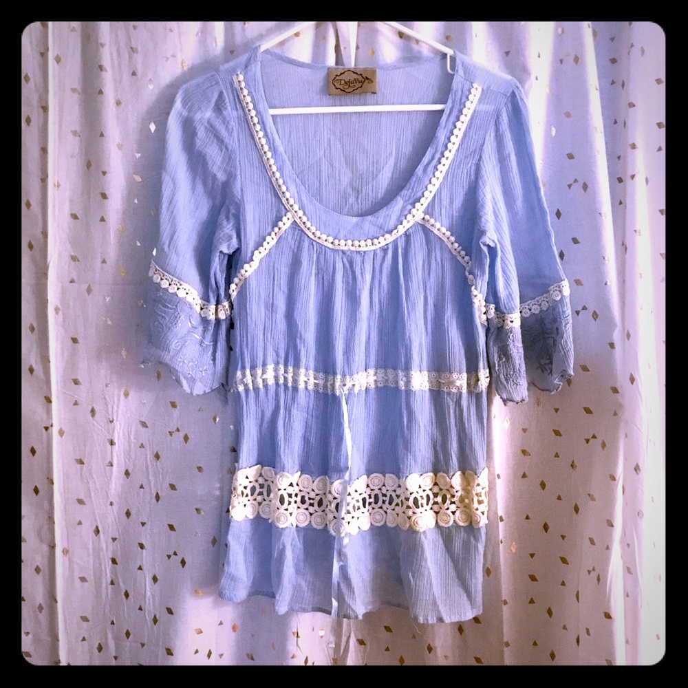 DejaVu LACE EMBELLISHED SCOOP NECK BABY BLUE TUNIC