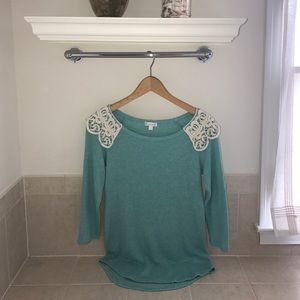 CHARMING CHARLIE Teal Sweater w/ Lace Detail - S