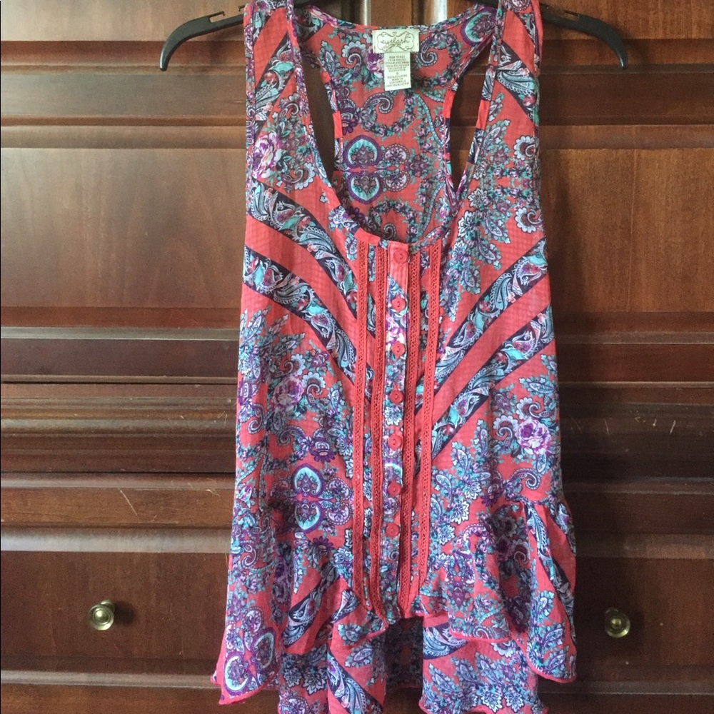Eyelash Red Floral Button Down Blouse Size S