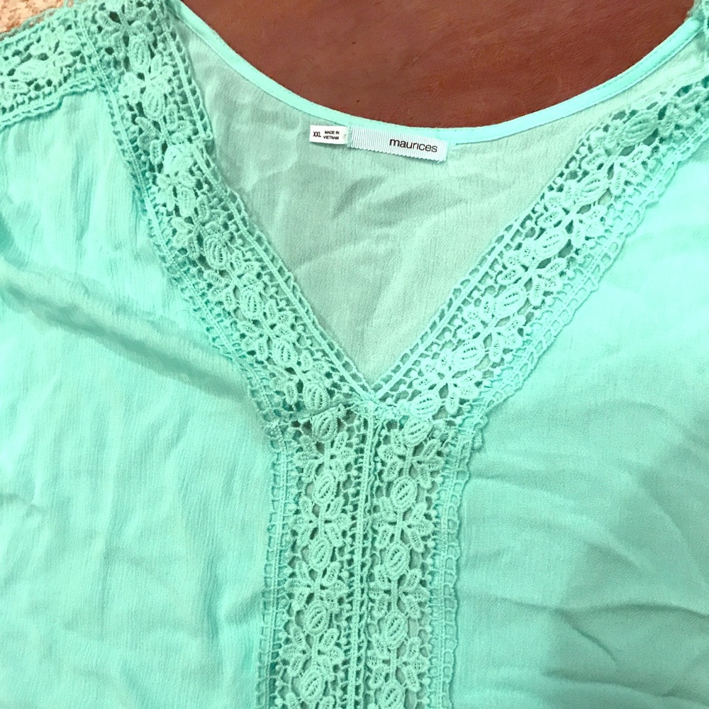 Maurice's teal blue blouse with crochet details.