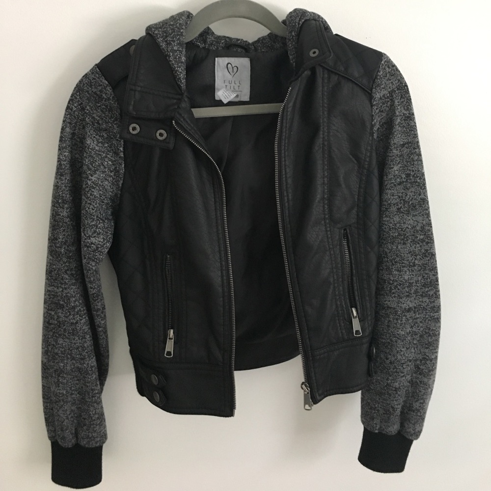 Faux leather jacket with knit sleeves and hood