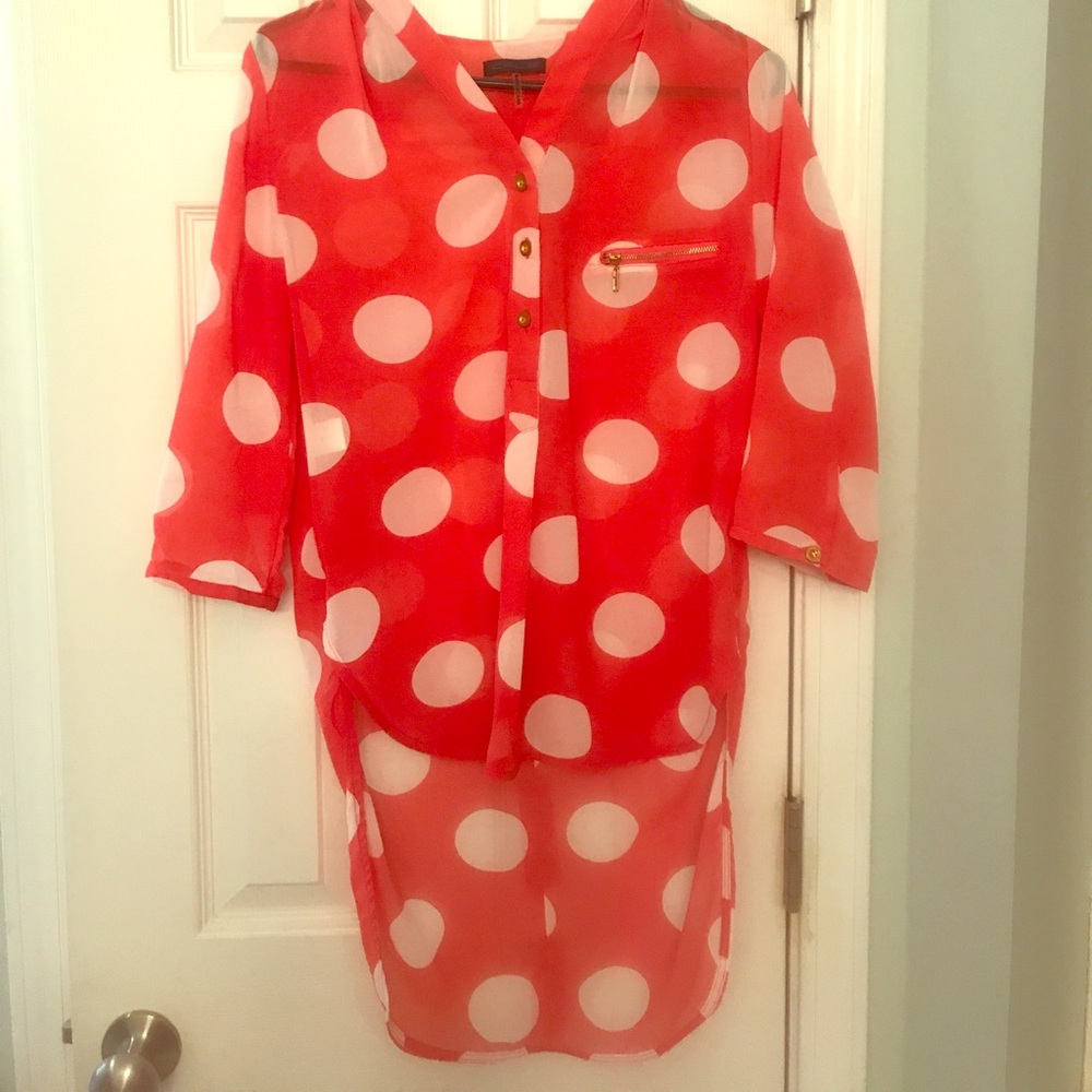 Boutique sheer polka dot shirt.
