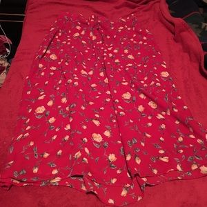 Red floral print long A line skirt. Length 34 1/2"