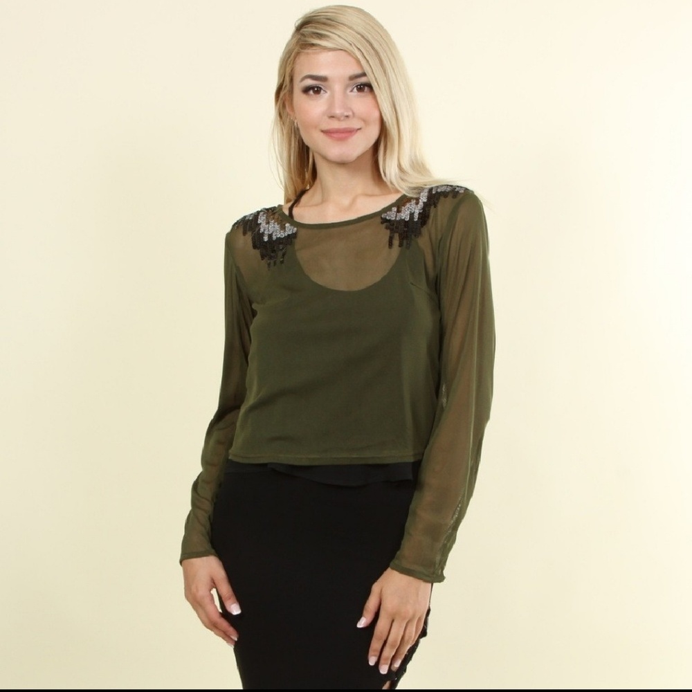 Mesh Sequin Crop Top in Military Green