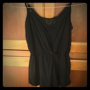 Black lace romper with fringe