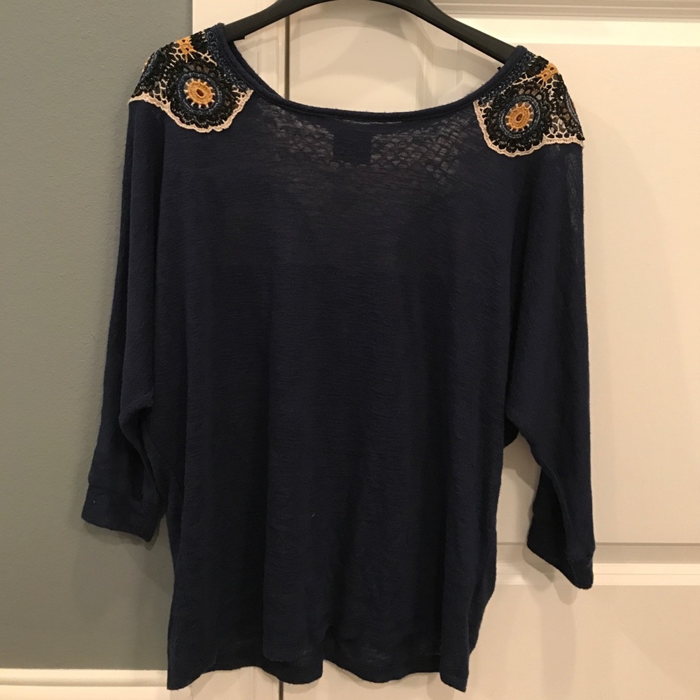 navy blue and multicolor crocheted back top