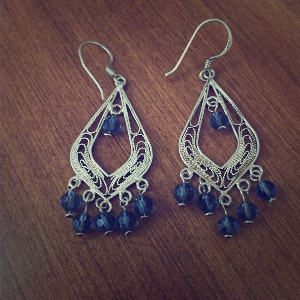 Silver earrings with blue beads