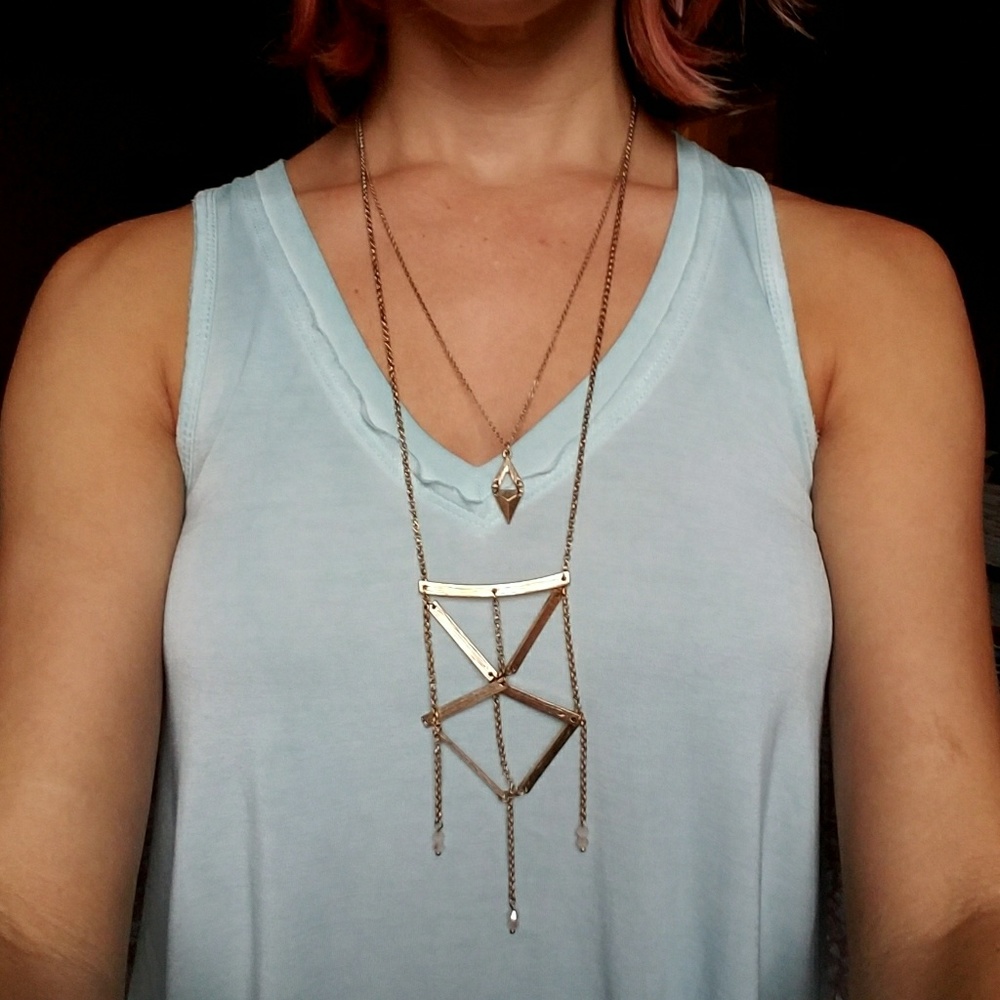 Gold long geometric drop necklace