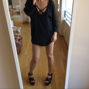 Tunic mini dress with crossed straps at neck