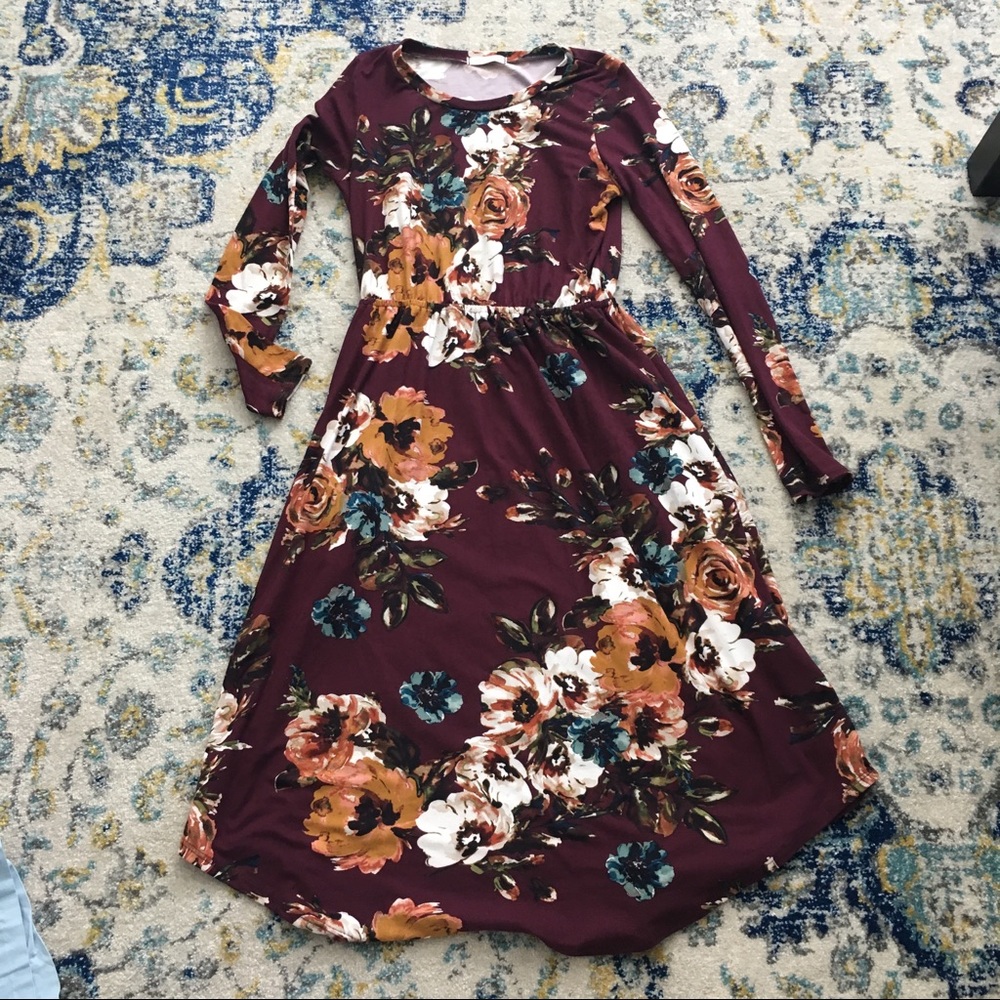 Burgundy floral midi dress