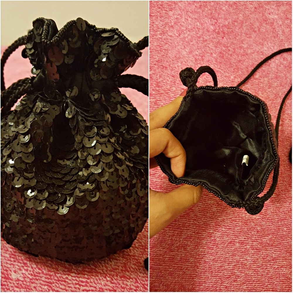 🚫 Tiny Black Sequin Drawstring Crossbody Bag