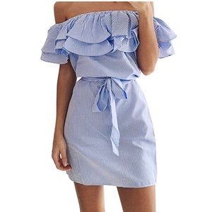 Blue and white striped off the shoulder dress