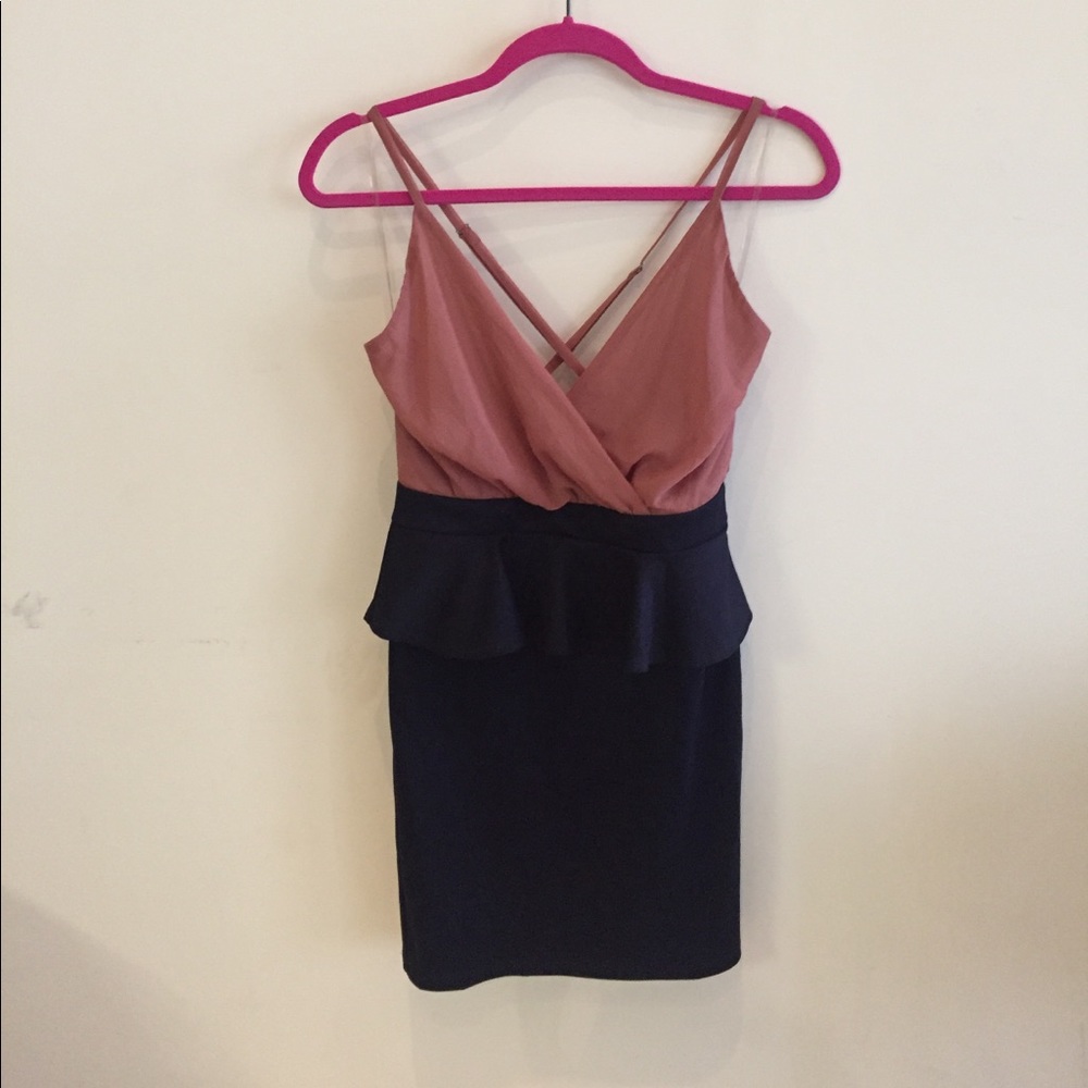 Navy Peplum Cocktail Dress w/ Pink Chiffon Detail