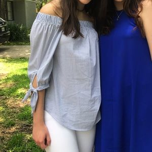 Blue and white striped off the shoulder top