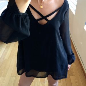 Little black mini dress with crossed straps