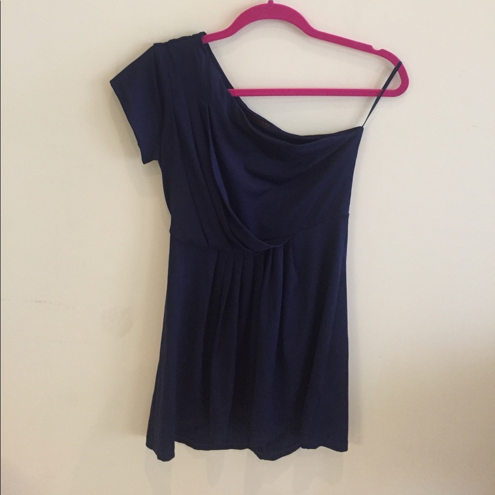 Navy One Shoulder Drape Detail Mini Dress