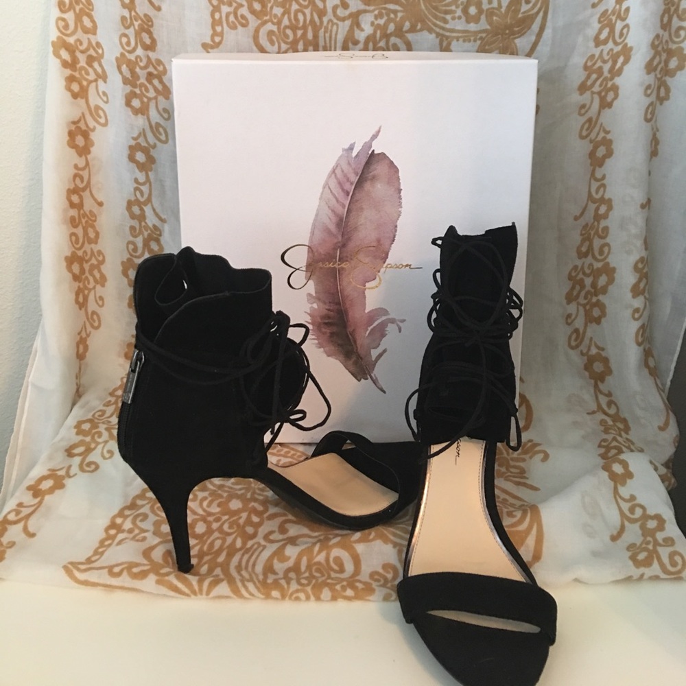 Jessica Simpson Black Suede Wraparound Ankle Heels