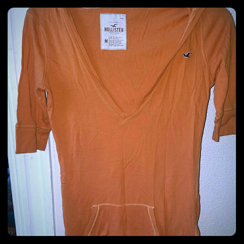 Orange Hollister 3/4 Sleeve Hoodie Shirt M